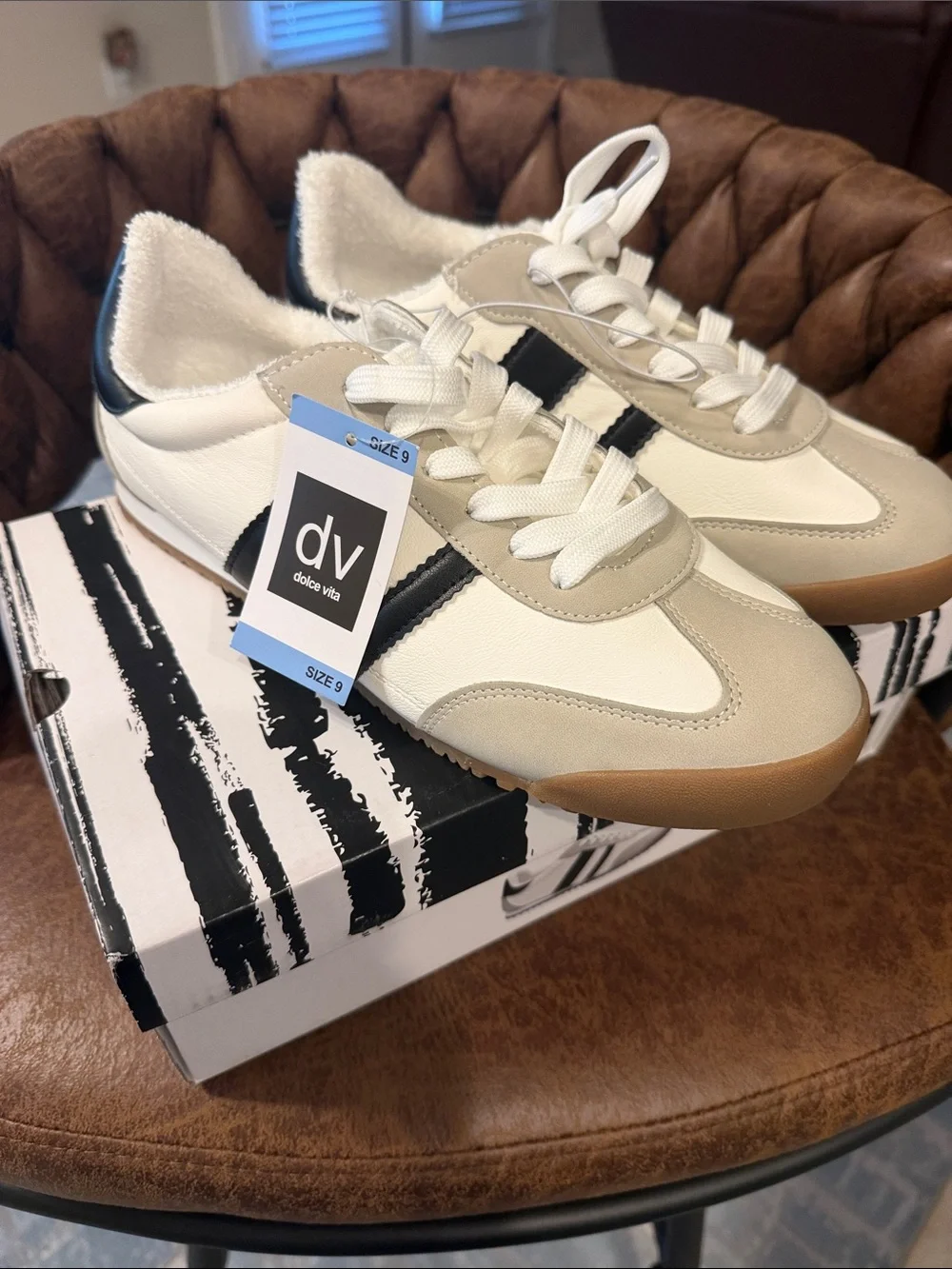 Dolce Vita White Beige Black Lace-Up Sneakers with Gum Sole